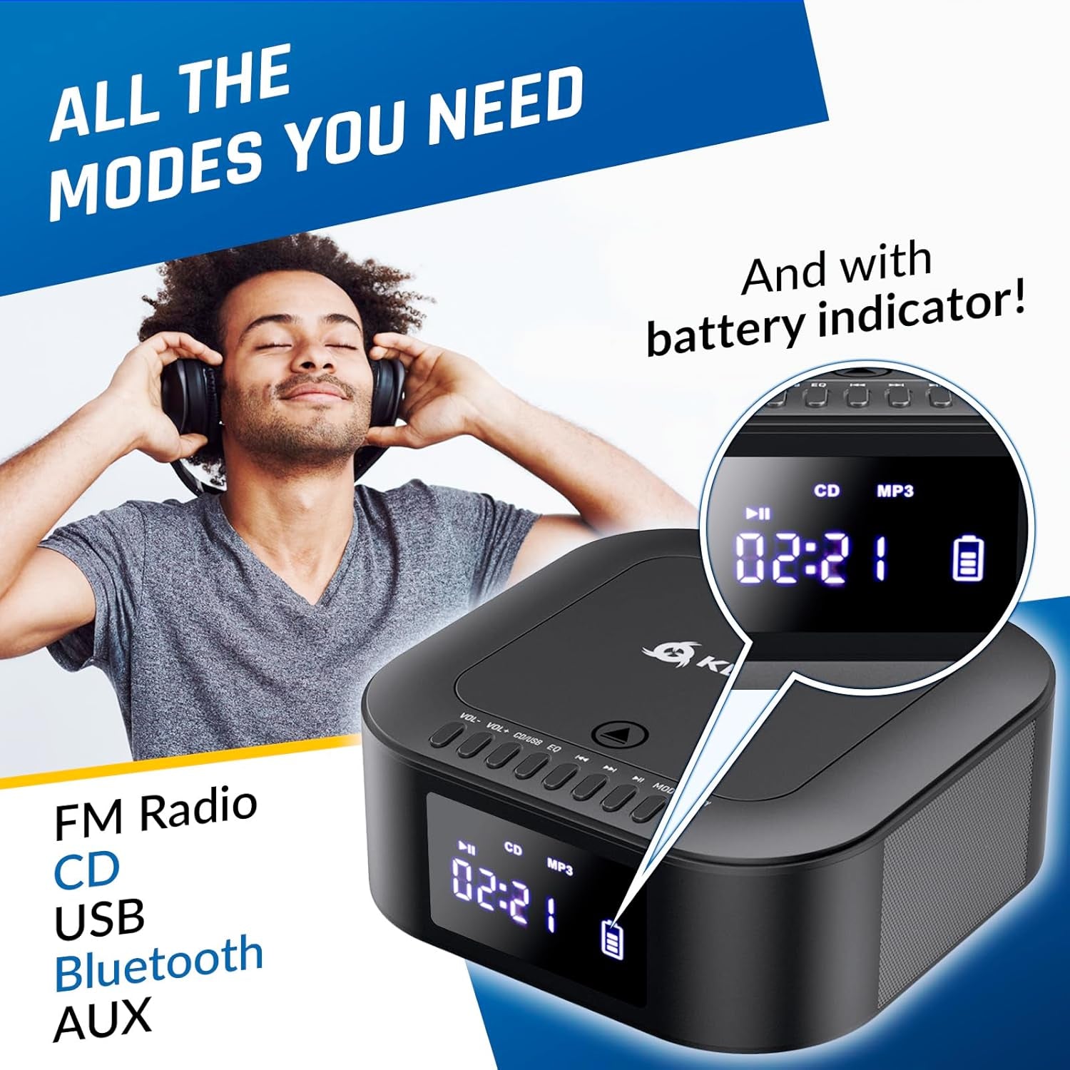 Boombox E1 - CD Player Portable Audio System + Extra BASS with Subwoofer + FM Ra