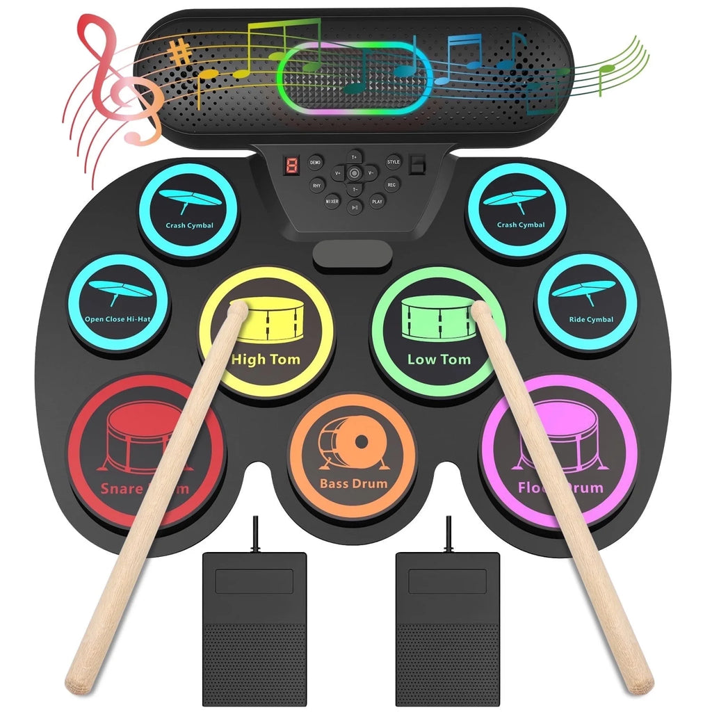 Upgrade 9 Pads Kids Adults Electronic Drum Sets Kit with Headphone Jack and Dual Bluetooth Speaker Wireless Connection for Christmas Birthday Gift