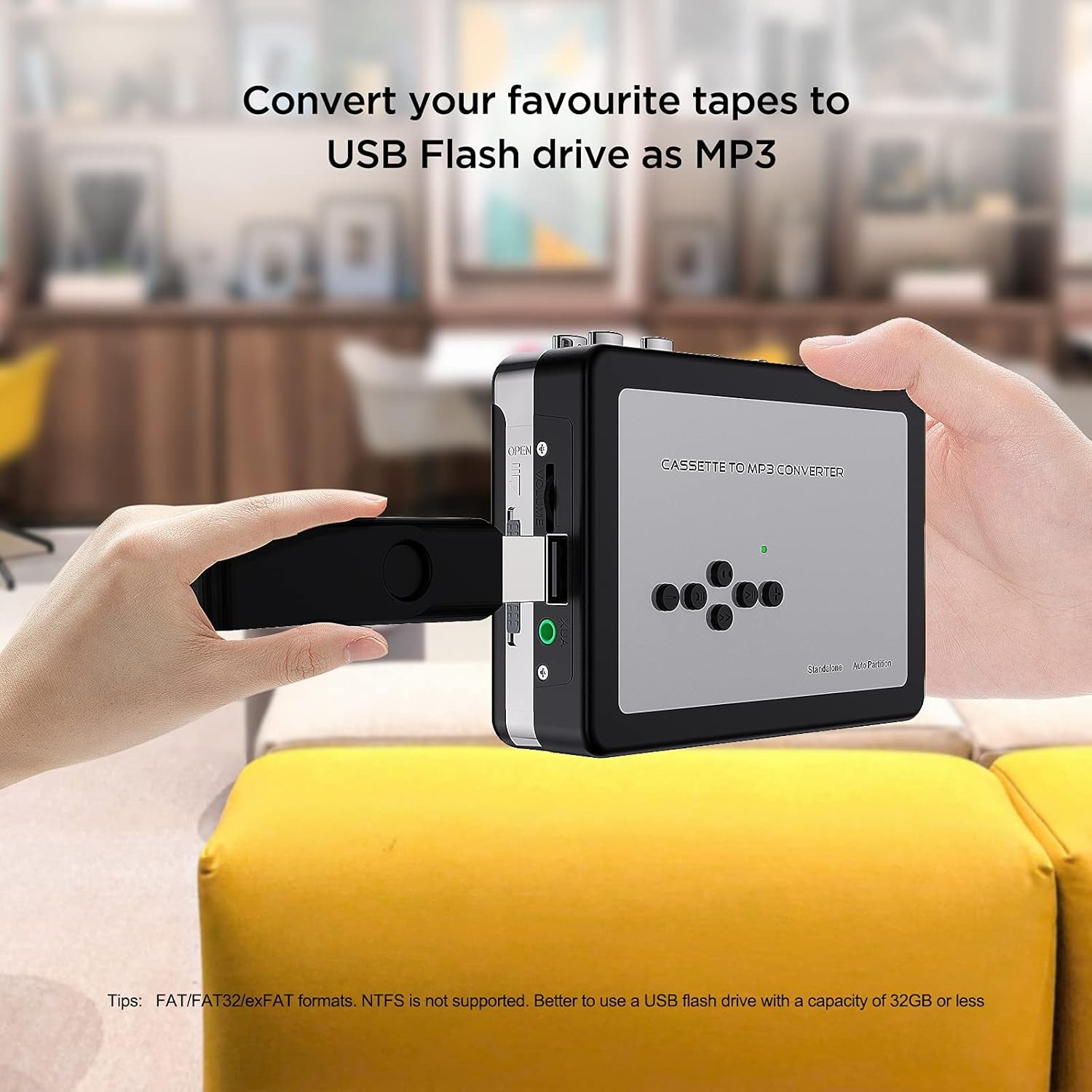 Cassette to MP3 Converter, Digital Cassette Player Converts Tape to MP3 into USB Flash Drive, No PC Required No Bluetooth