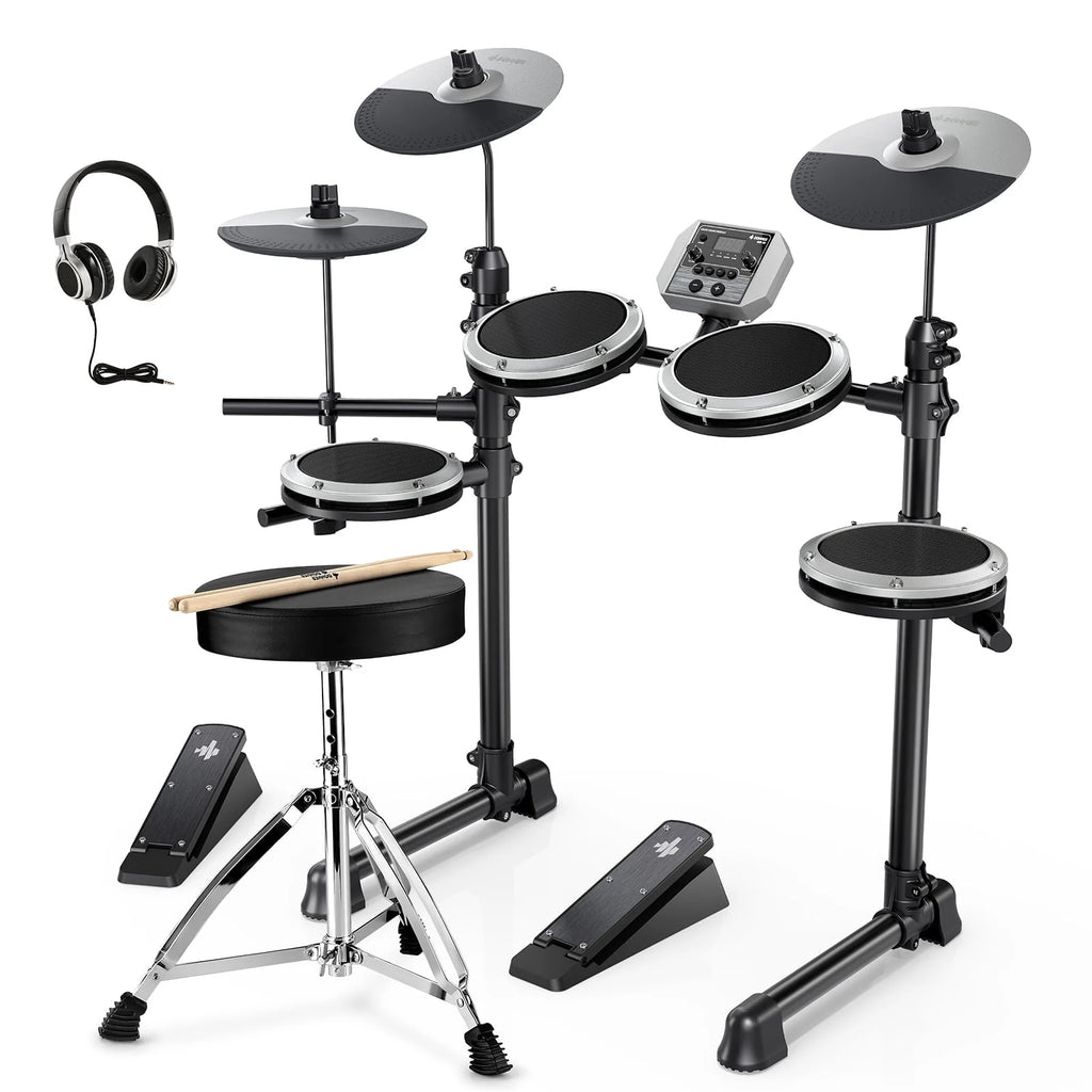 Electric Drum Set for Beginner with 180+ Sounds, Quiet Mesh Kid Child Students Electronic Drum Kit with Heavy Duty Pedals, On-Ear Headphones, DED-80 Gray