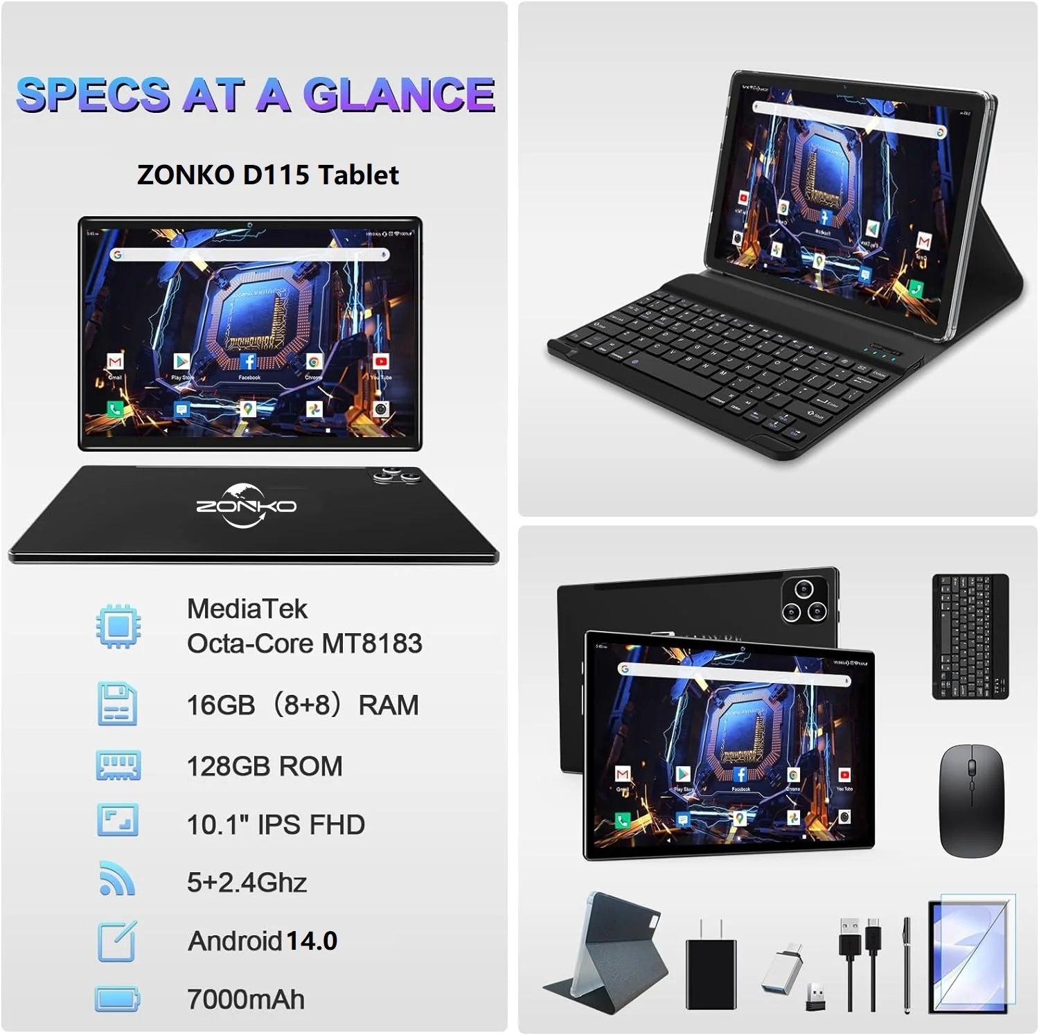 Tablet Android 14 Tablet,10 Inch Android Tablet with Keyboard,5G Wifi Tablet,128Gb ROM+16GB RAM (8+8Virtual) +1TB TF Expand,Octa-Core Processor,13Mp+8Mp Camera,Bluetooth,Gps,Fhd Display,2 in 1 Tablet