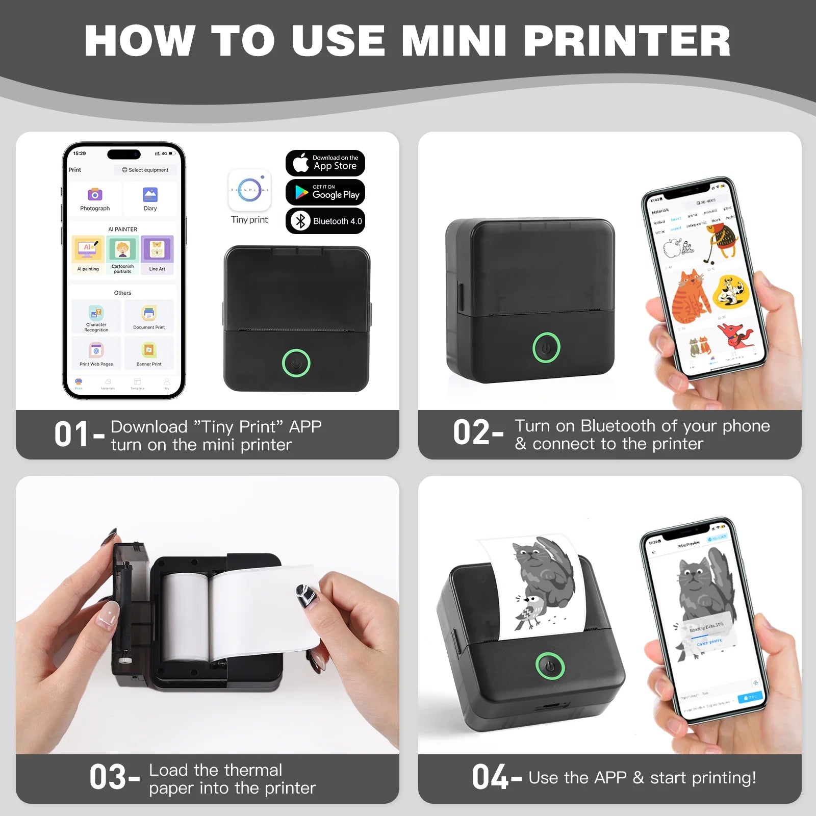 SLOK Mini Bluetooth Photo Printer with 10 Rolls Printing Paper，Black