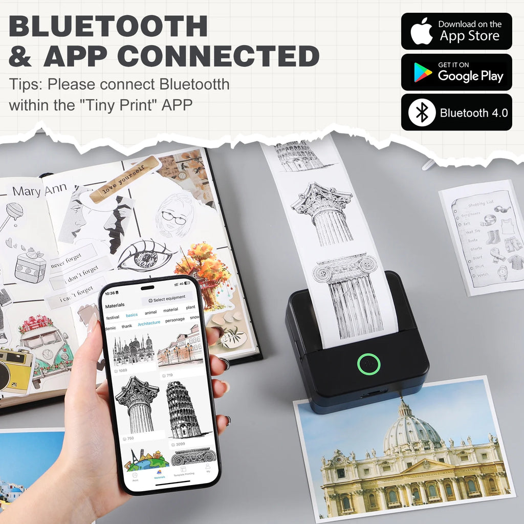 SLOK Mini Bluetooth Photo Printer with 10 Rolls Printing Paper，Black