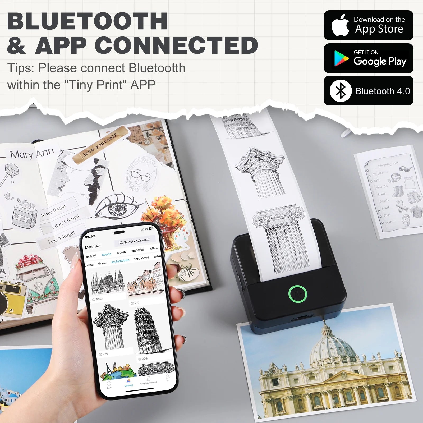 SLOK Mini Bluetooth Photo Printer with 10 Rolls Printing Paper，Black