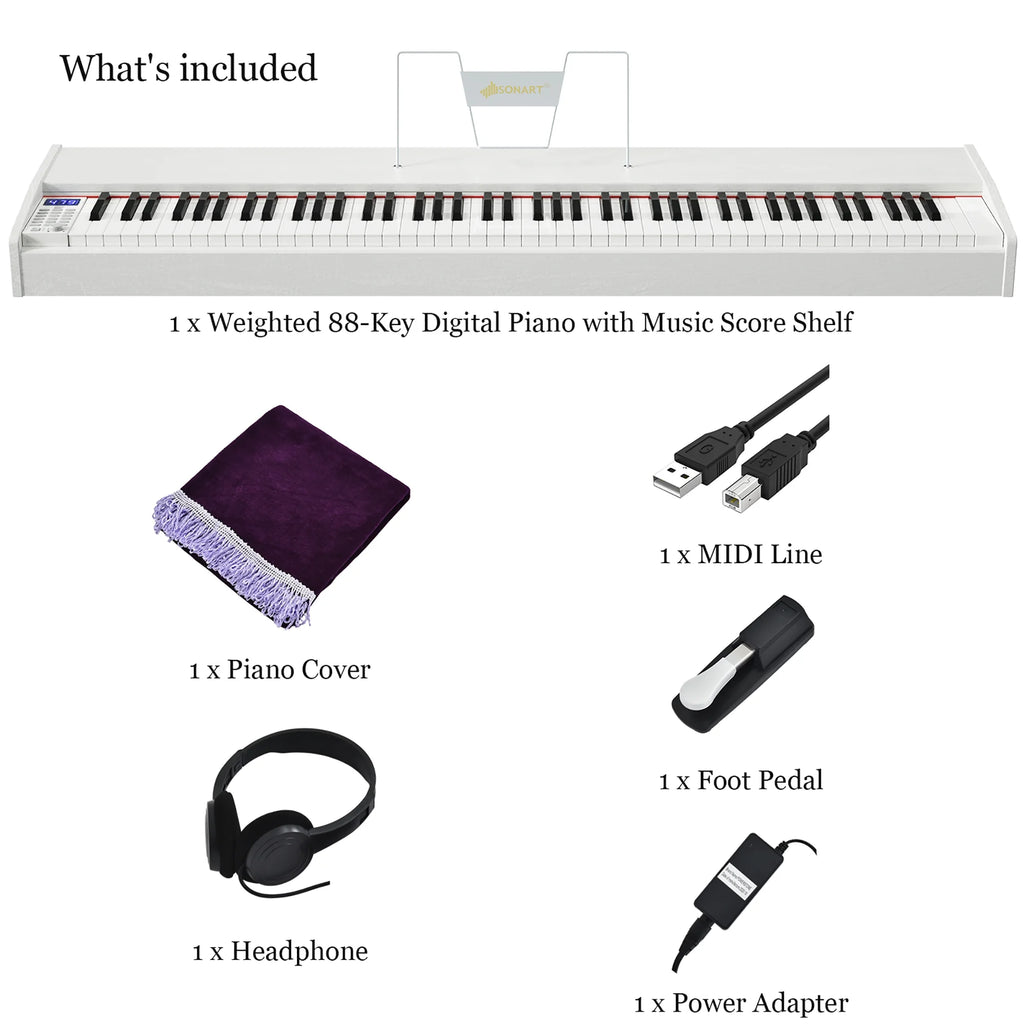 Sonart 88-Key Full Size Digital Piano Weighted Keyboard W/ Sustain Pedal White
