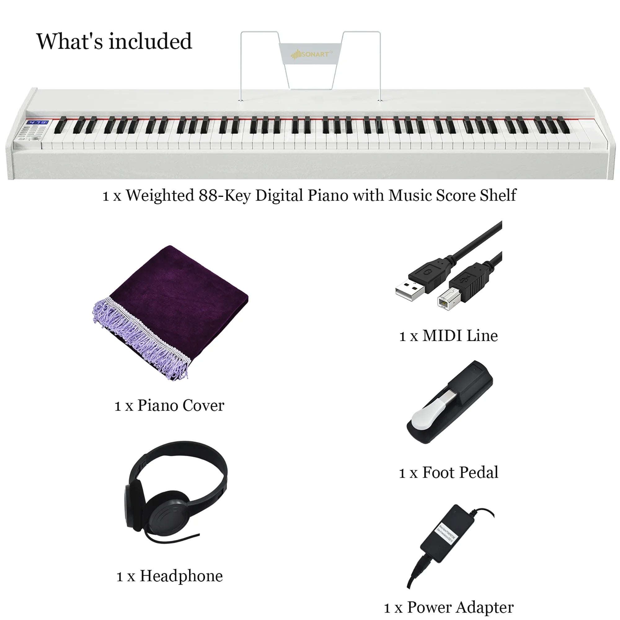 Sonart 88-Key Full Size Digital Piano Weighted Keyboard W/ Sustain Pedal White