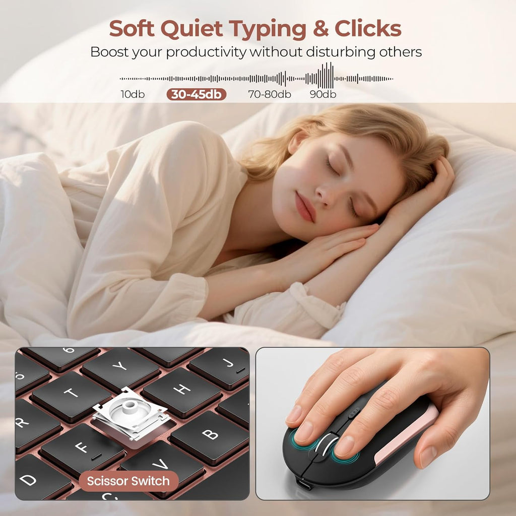 Rechargeable Wireless Keyboard Mouse Combo Full Size Cordless Keyboard & Mouse Sets with Build-In Lithium Battery Ultra Thin Quiet Keyboard Mice (Rose Gold & Black)