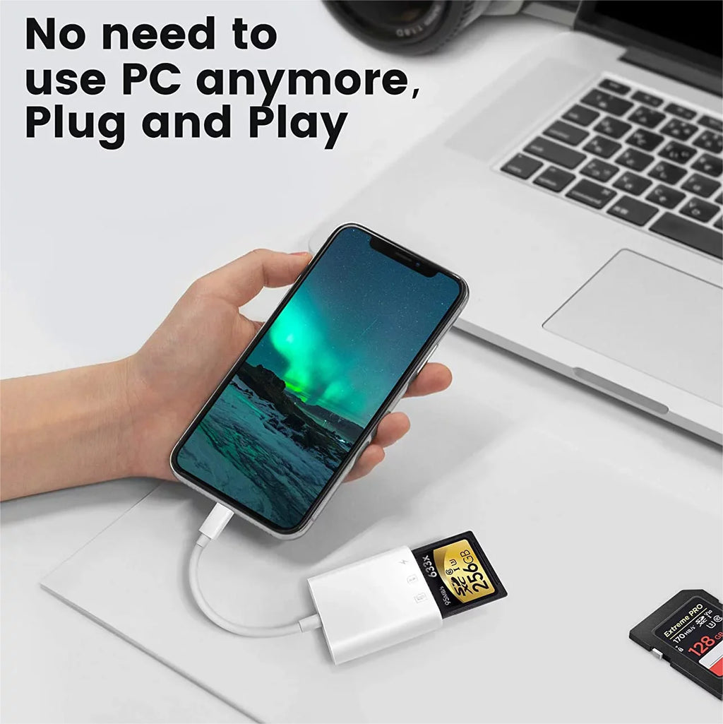 SD Card Reader for Iphone Ipad, Digital Trail Camera SD Card Viewer with Dual Slot for Microsd, SD, Lightening Connector Memory Card Adapter for Photography, Plug and Play