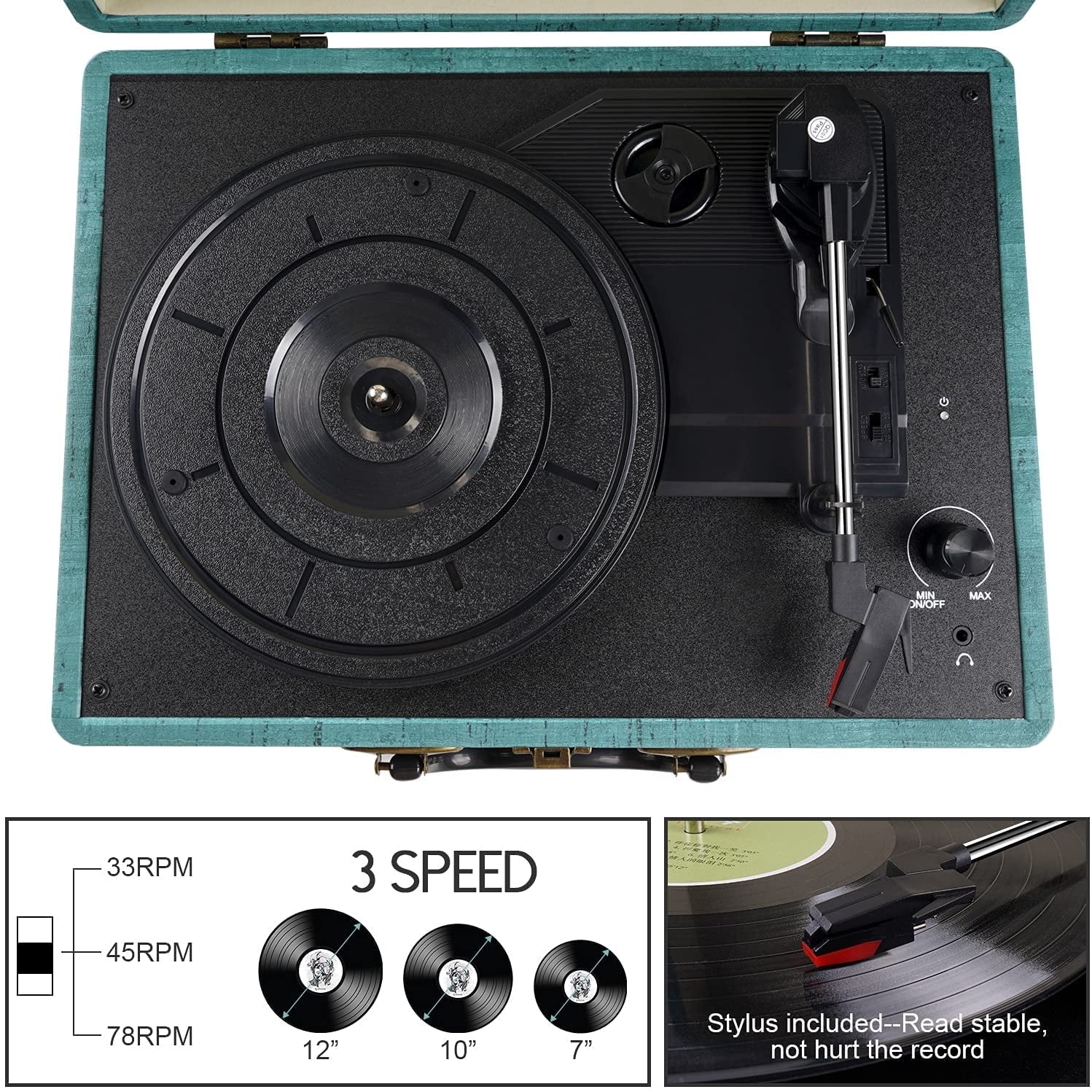 Record Player Vintage 3-Speed Bluetooth Vinyl Turntable with Stereo Speaker, Belt Driven Suitcase Vinyl Record Player (Blue)