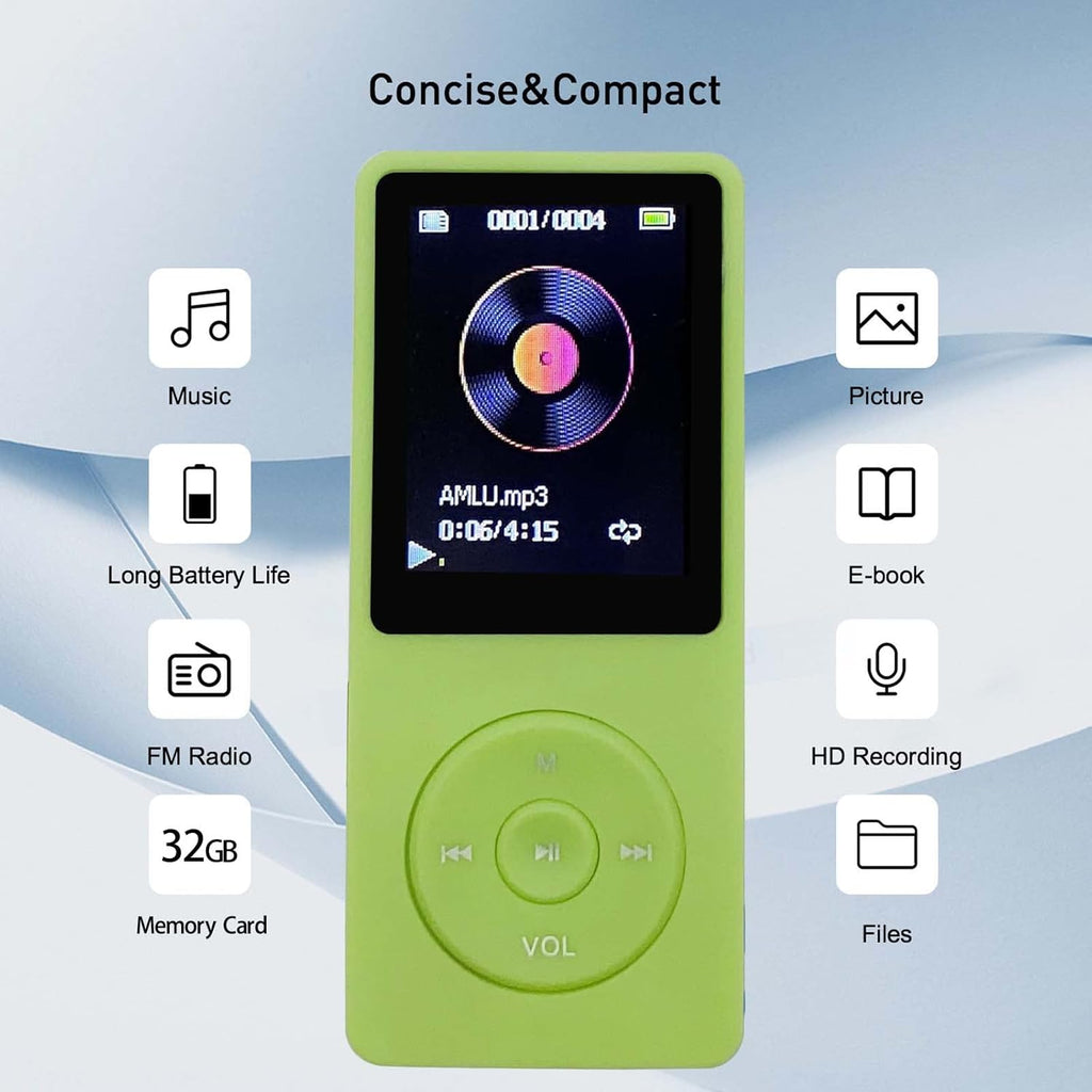 MP3 Player 32GB with Speaker Earphone Portable Mini Green Music Player Support Voice Recorder E-Book 1.8 Inch HD Screen Support up to 128GB