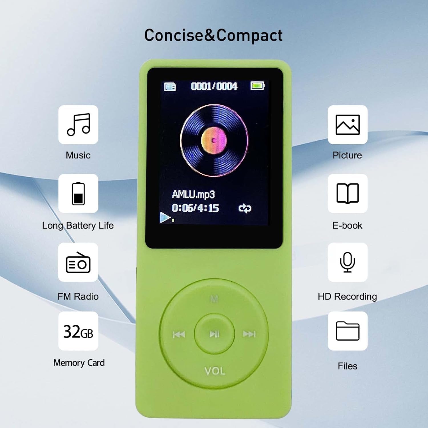 MP3 Player 32GB with Speaker Earphone Portable Mini Green Music Player Support Voice Recorder E-Book 1.8 Inch HD Screen Support up to 128GB