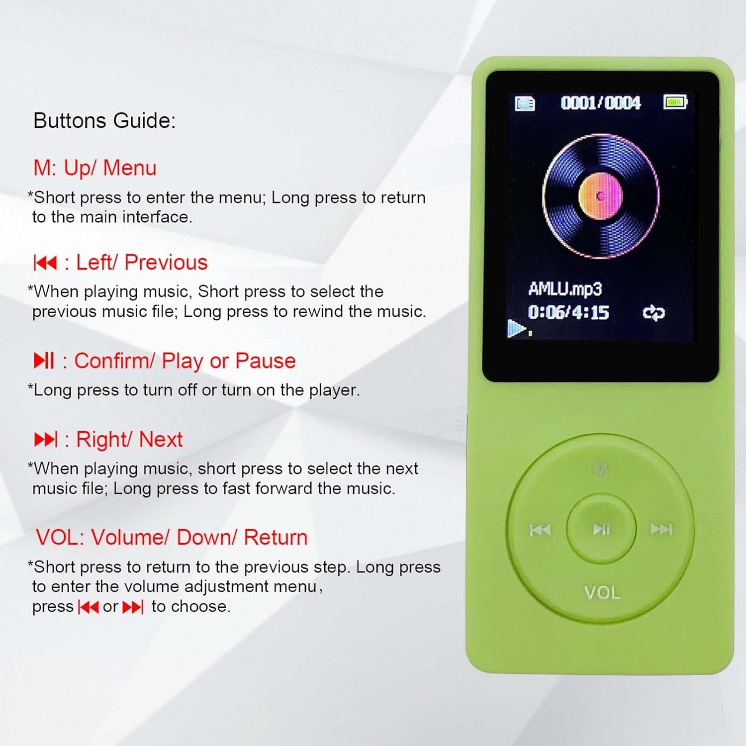 MP3 Player 32GB with Speaker Earphone Portable Mini Green Music Player Support Voice Recorder E-Book 1.8 Inch HD Screen Support up to 128GB