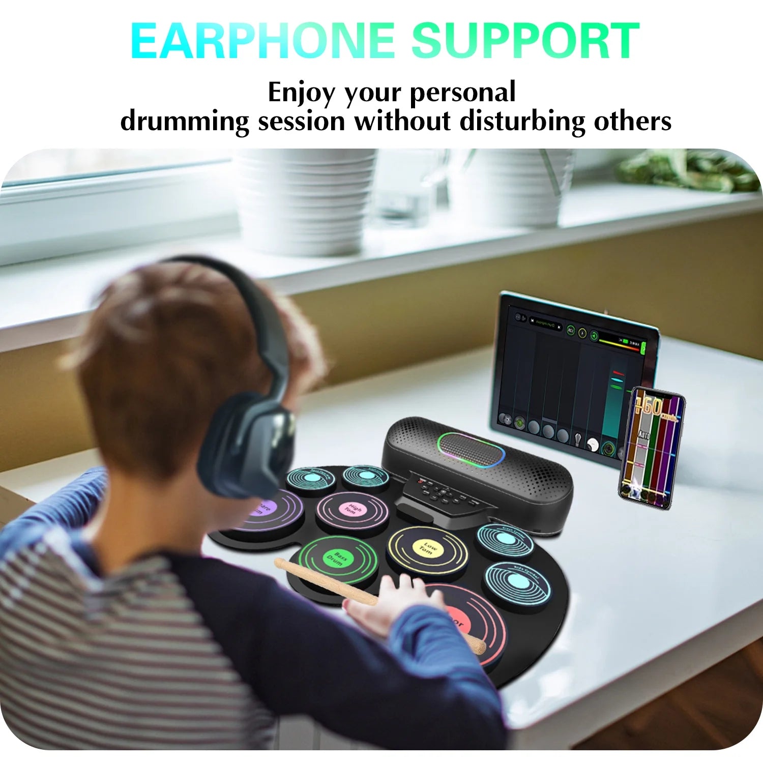 Upgrade 9 Pads Kids Adults Electronic Drum Sets Kit with Headphone Jack and Dual Bluetooth Speaker Wireless Connection for Christmas Birthday Gift