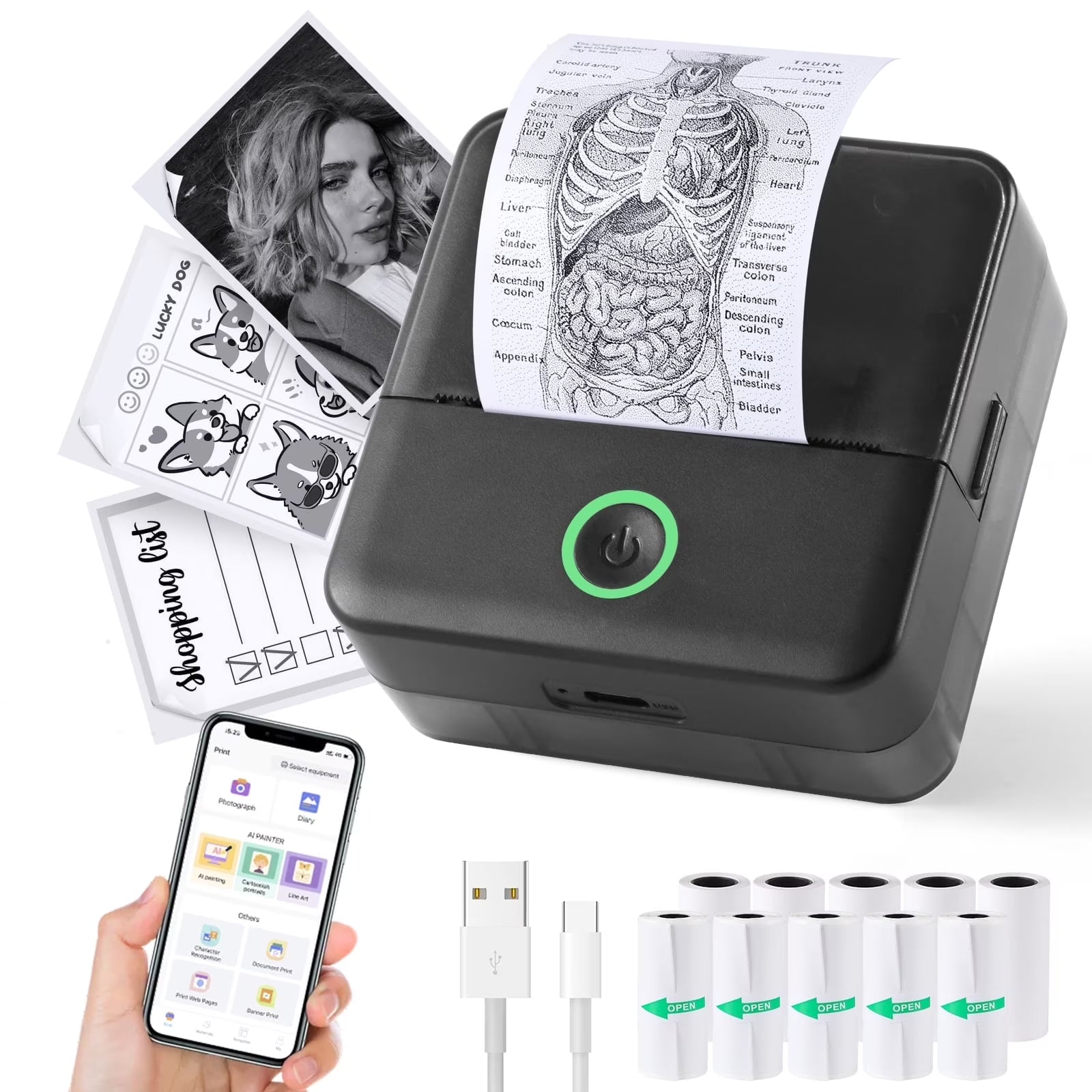 SLOK Mini Bluetooth Photo Printer with 10 Rolls Printing Paper，Black