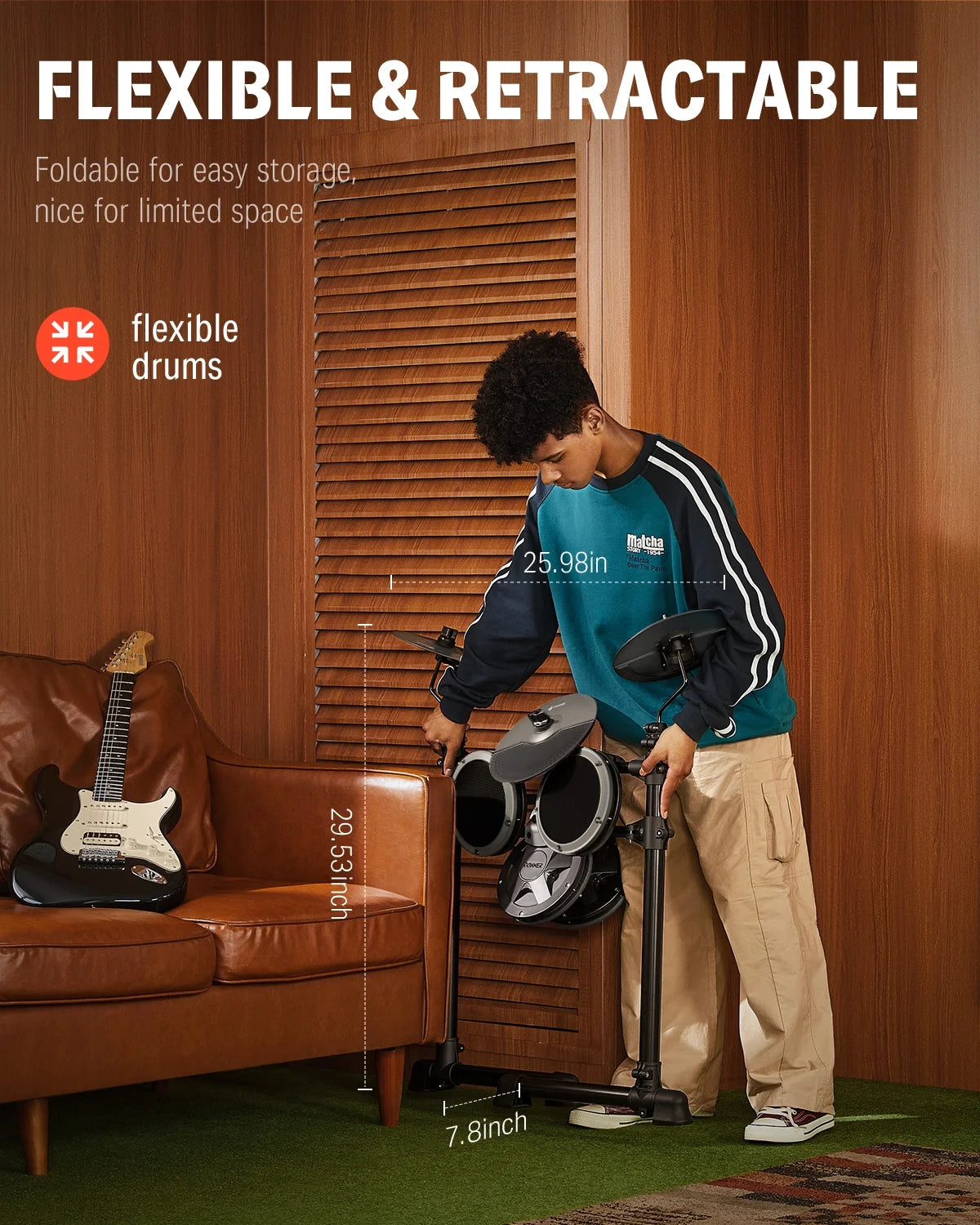 Electric Drum Set for Beginner with 180+ Sounds, Quiet Mesh Kid Child Students Electronic Drum Kit with Heavy Duty Pedals, On-Ear Headphones, DED-80 Gray