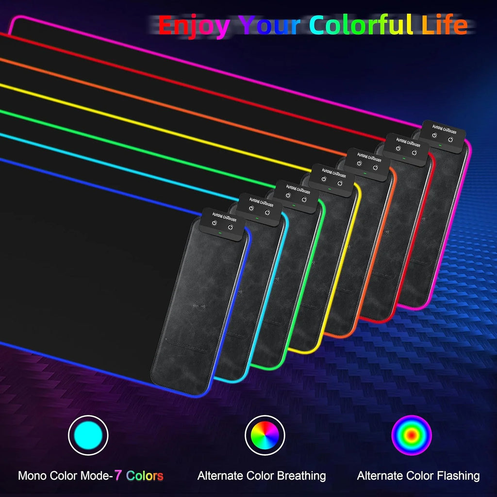 Mouse Pad with Wireless Charging, 15W RGB Gaming Mousepad with 9 Light, LED Large Desk Mat with Waterproof Non-Slip Rubber Base