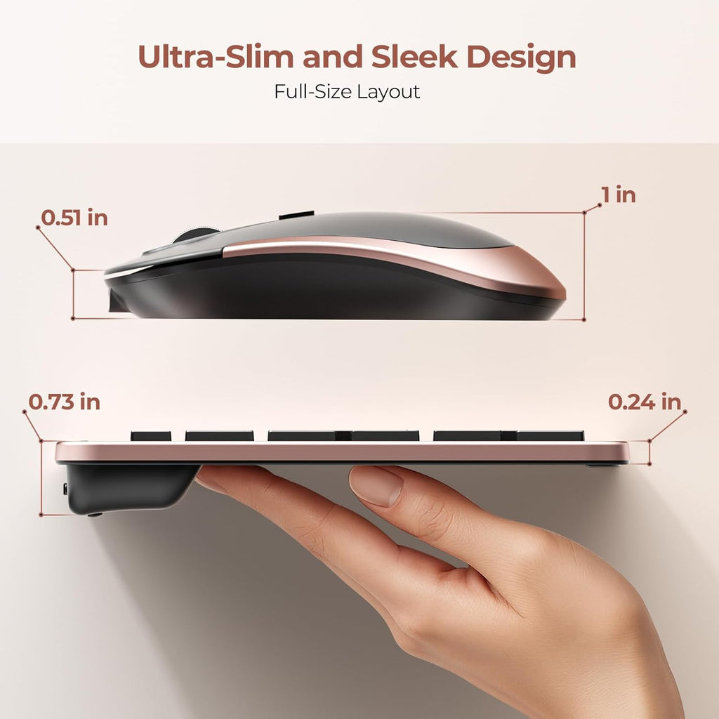 Rechargeable Wireless Keyboard Mouse Combo Full Size Cordless Keyboard & Mouse Sets with Build-In Lithium Battery Ultra Thin Quiet Keyboard Mice (Rose Gold & Black)
