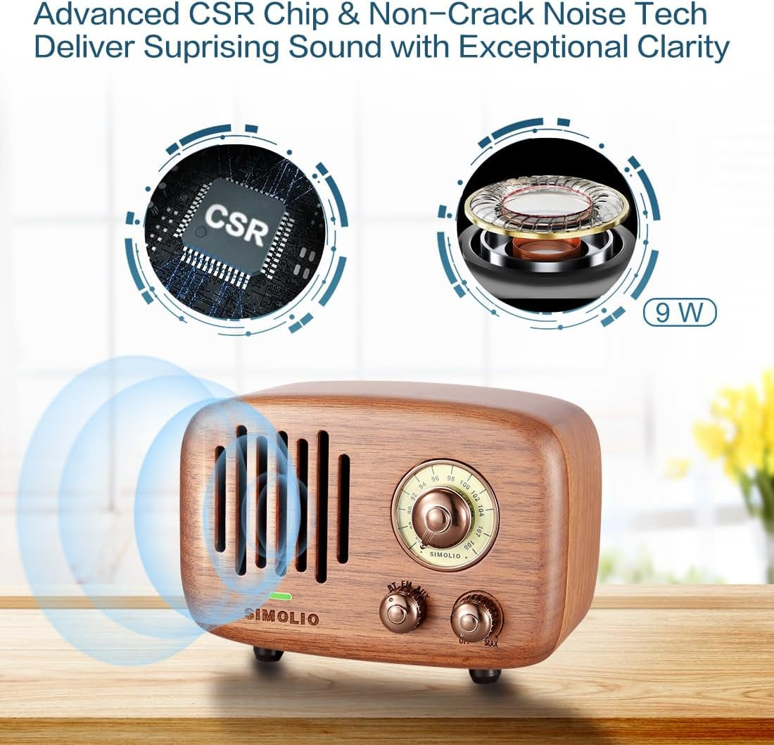 Retro Bluetooth Speakers with Loud HD Sound, Nature Black Walnut Vintage Style Wooden Speaker with FM Radio & AUX In, Advanced CSR Chip, Portable Bluetooth Speaker for Home Office Decorations