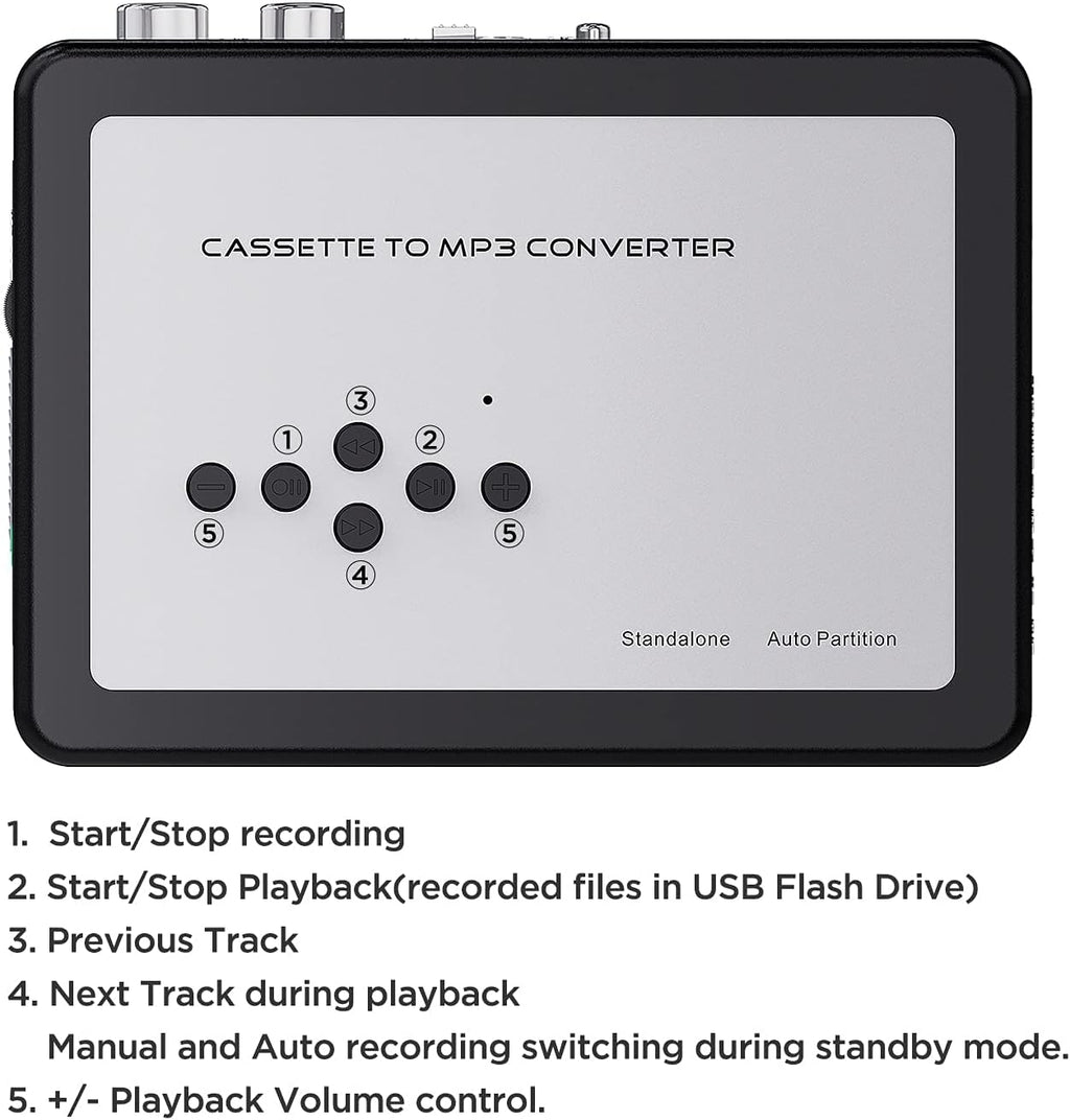 Cassette to MP3 Converter, Digital Cassette Player Converts Tape to MP3 into USB Flash Drive, No PC Required No Bluetooth