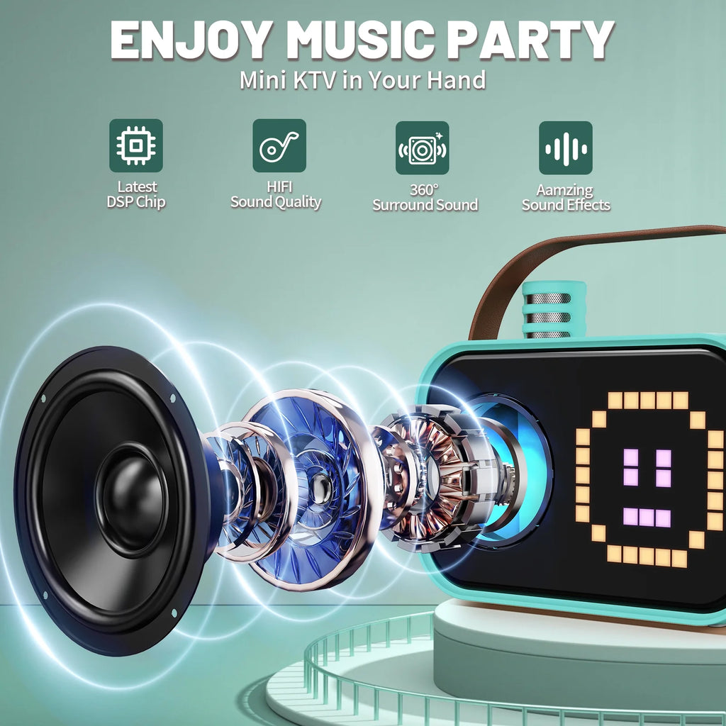 Karaoke Machine for Kids, Wireless Bluetooth Speaker with Microphone, 15 Animation Modes, Best Gift for Christmas