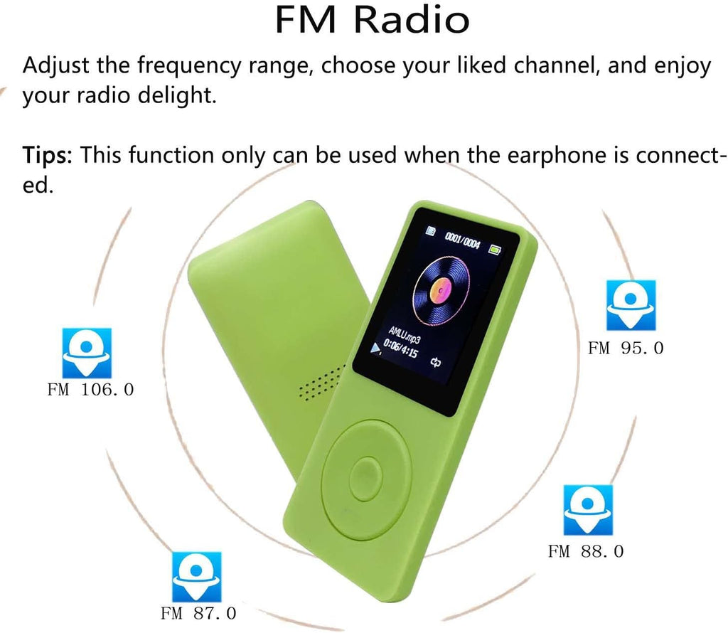 MP3 Player 32GB with Speaker Earphone Portable Mini Green Music Player Support Voice Recorder E-Book 1.8 Inch HD Screen Support up to 128GB