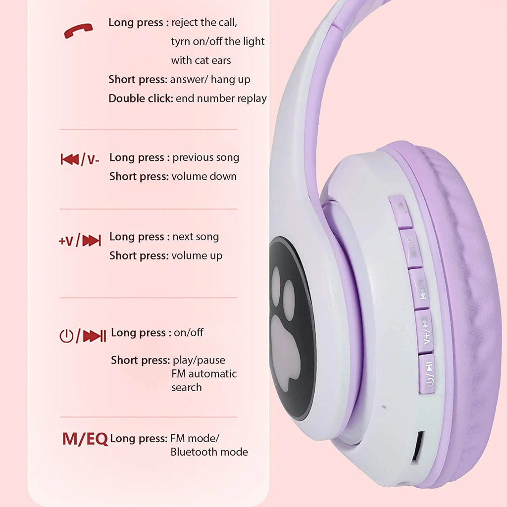 Kids Headphones, Cat Ear Wireless Headphones, LED Light up Kids Bluetooth Headphones over on Ear W/Microphone for Phone