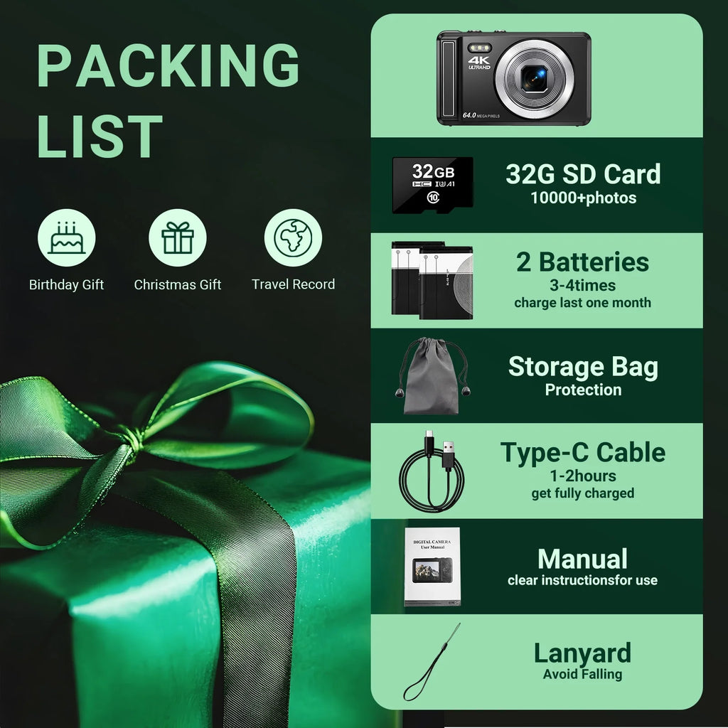 Digital Camera 4K UHD 64MP 16X Digital Zoom Autofocus Compact Camera with 32GB SD Card