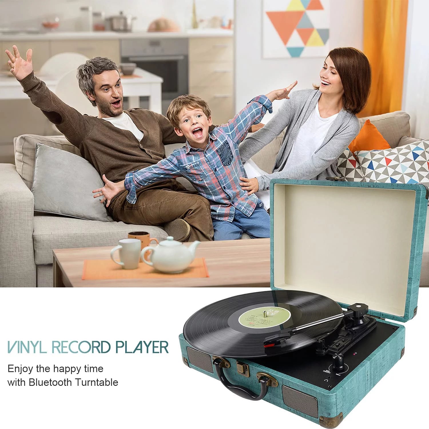 Record Player Vintage 3-Speed Bluetooth Vinyl Turntable with Stereo Speaker, Belt Driven Suitcase Vinyl Record Player (Blue)