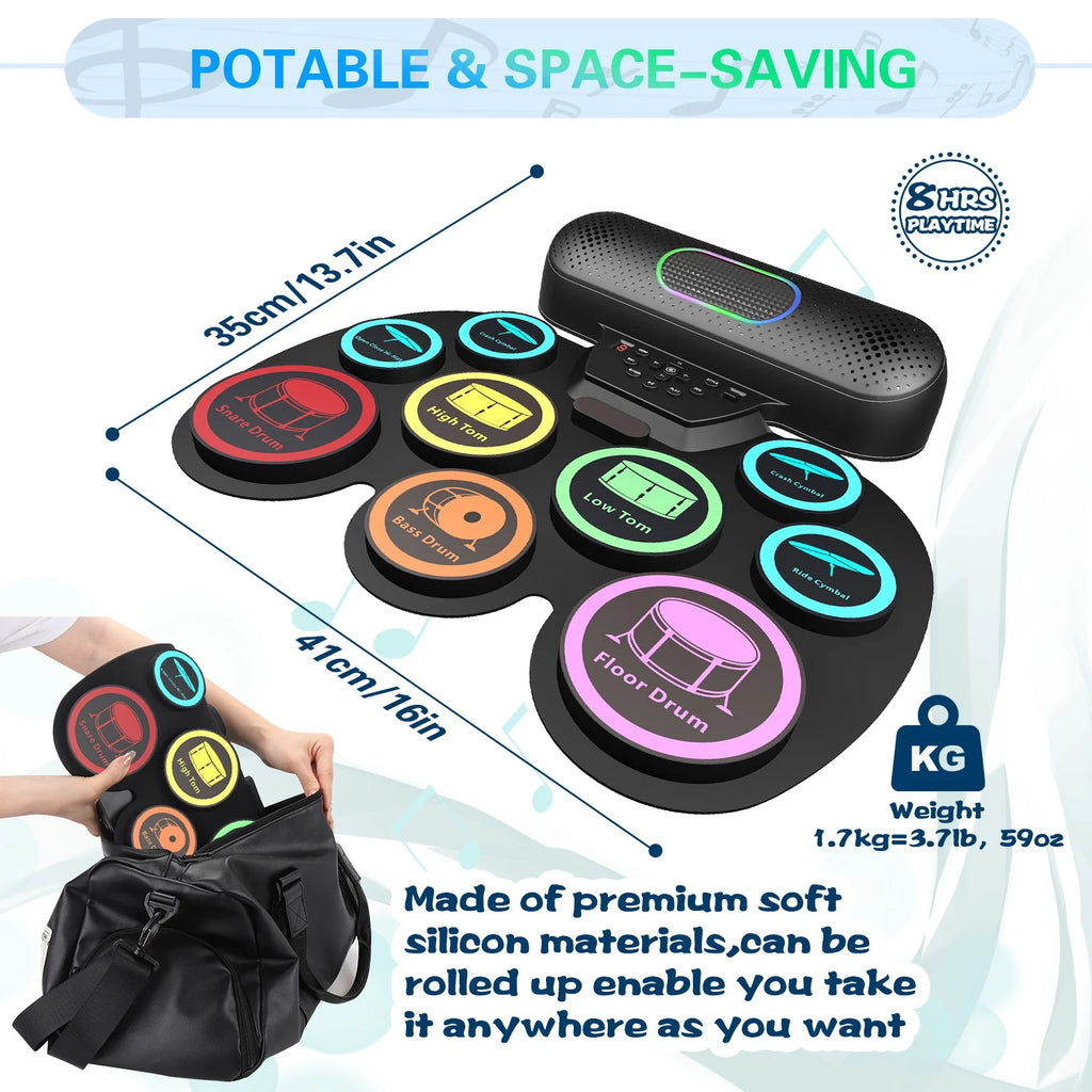 Upgrade 9 Pads Kids Adults Electronic Drum Sets Kit with Headphone Jack and Dual Bluetooth Speaker Wireless Connection for Christmas Birthday Gift