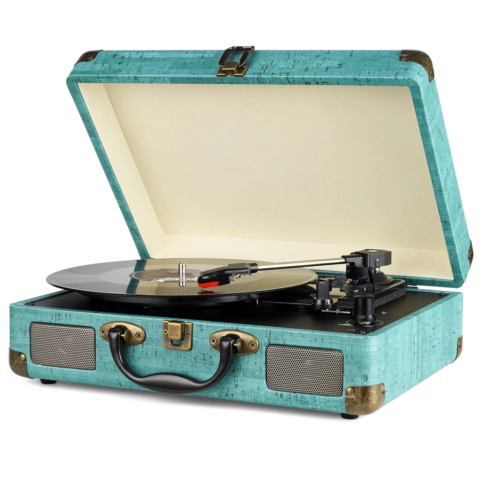 Record Player Vintage 3-Speed Bluetooth Vinyl Turntable with Stereo Speaker, Belt Driven Suitcase Vinyl Record Player (Blue)