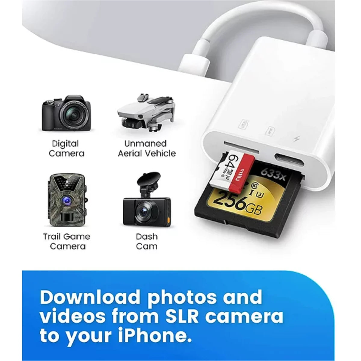SD Card Reader for Iphone Ipad, Digital Trail Camera SD Card Viewer with Dual Slot for Microsd, SD, Lightening Connector Memory Card Adapter for Photography, Plug and Play