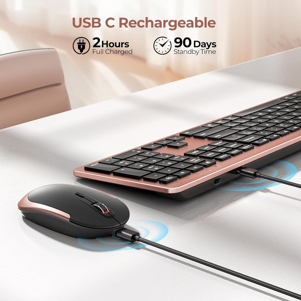 Rechargeable Wireless Keyboard Mouse Combo Full Size Cordless Keyboard & Mouse Sets with Build-In Lithium Battery Ultra Thin Quiet Keyboard Mice (Rose Gold & Black)