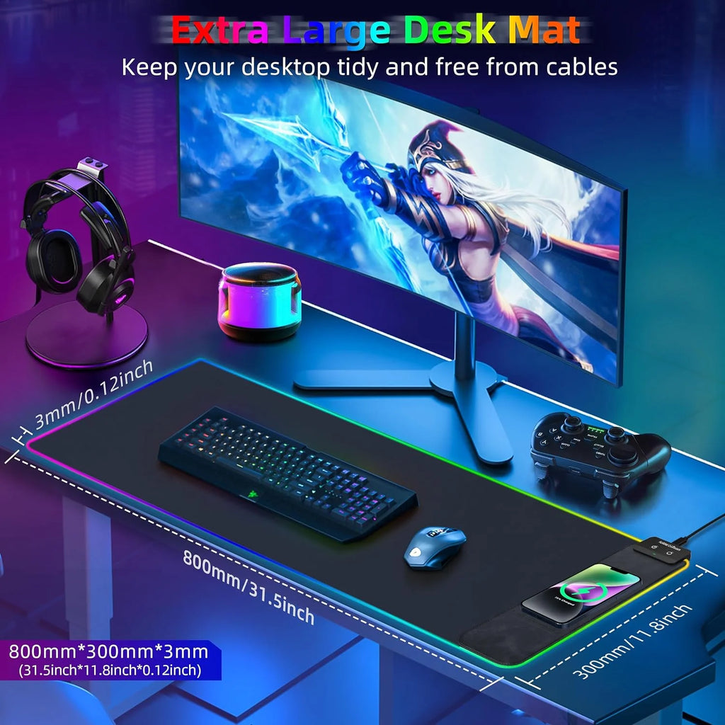 Mouse Pad with Wireless Charging, 15W RGB Gaming Mousepad with 9 Light, LED Large Desk Mat with Waterproof Non-Slip Rubber Base
