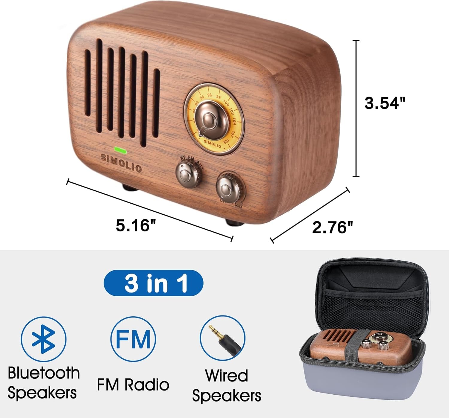 Retro Bluetooth Speakers with Loud HD Sound, Nature Black Walnut Vintage Style Wooden Speaker with FM Radio & AUX In, Advanced CSR Chip, Portable Bluetooth Speaker for Home Office Decorations
