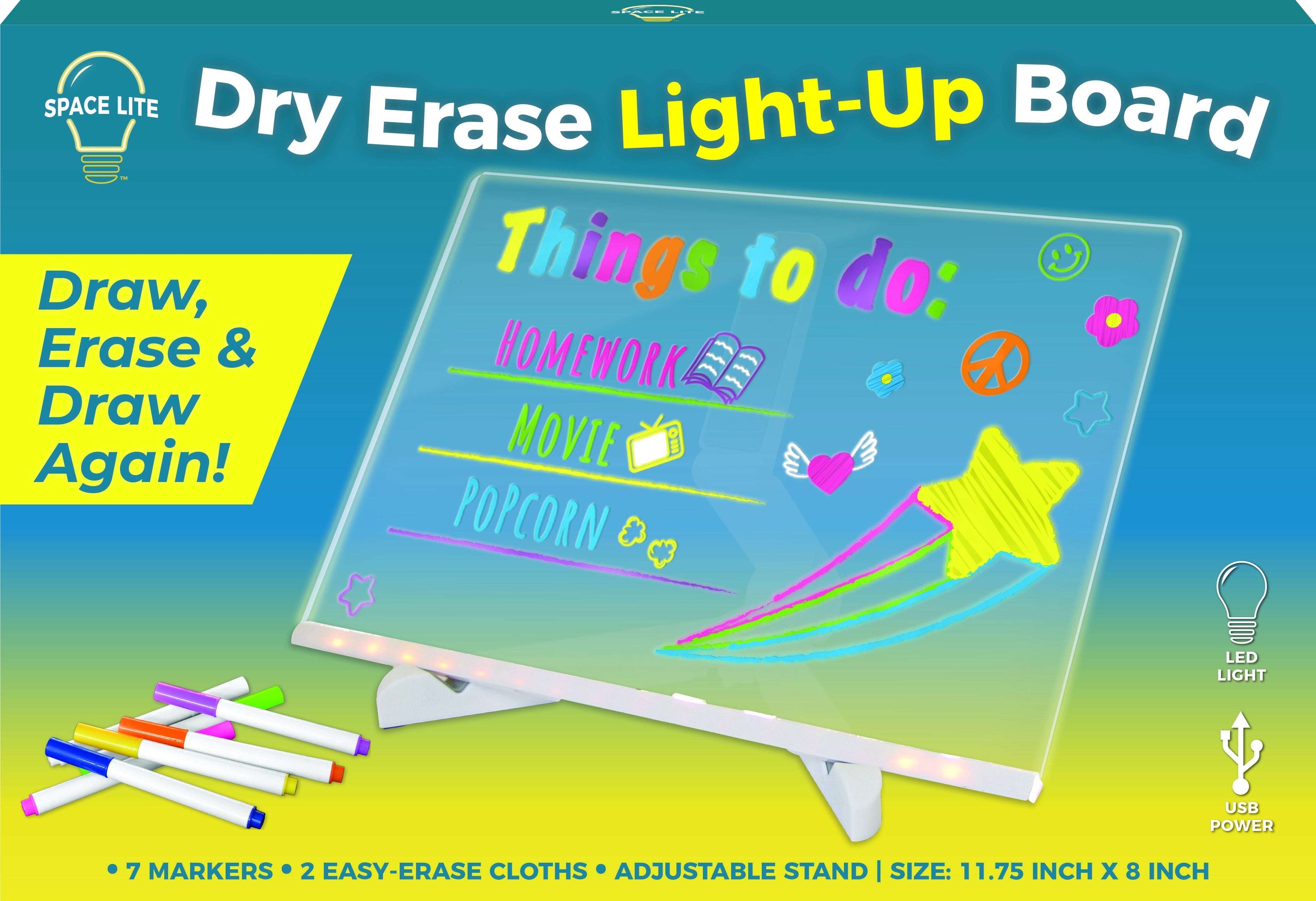 (2 Pack) Space Light Acrylic 12 Inch Dry Erase Board with Light with 7 Color Markers Neon Glow LED Light-Up Message Board with Stand