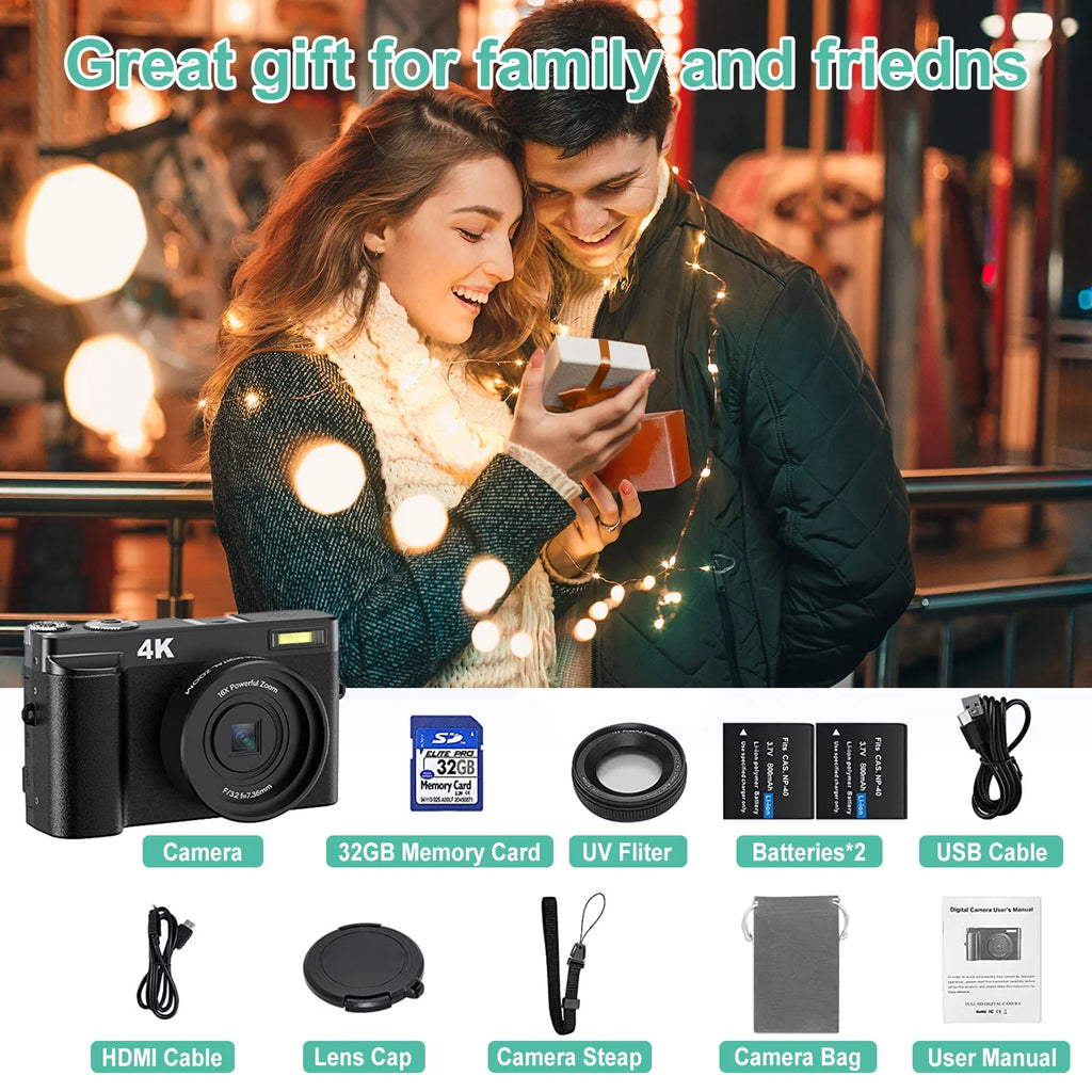 Vlogging Camera 4K Digital Cameras 48MP for Photography Autofocus 16X Digital Zoom for Youtube with 32GB Card