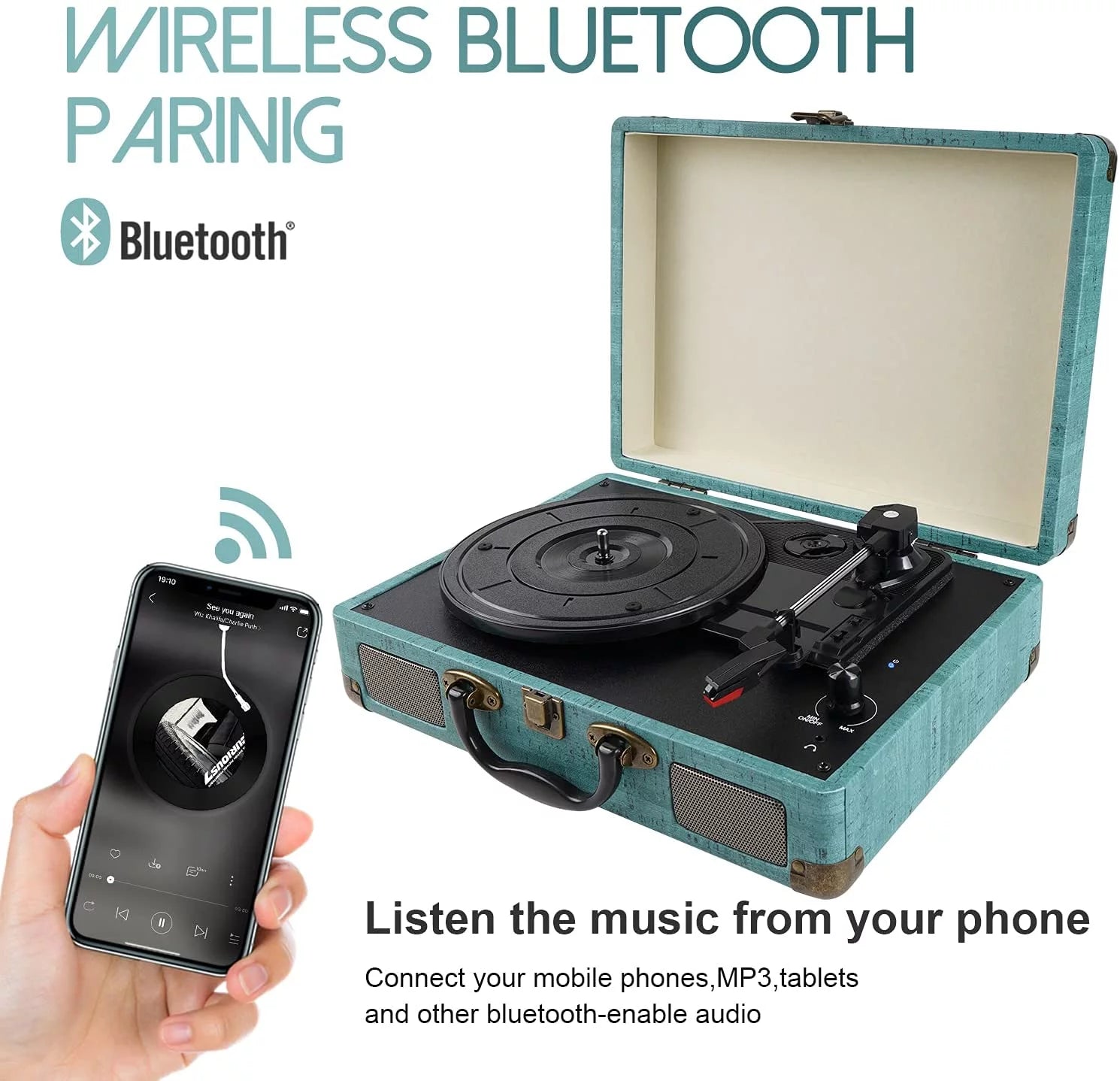 Record Player Vintage 3-Speed Bluetooth Vinyl Turntable with Stereo Speaker, Belt Driven Suitcase Vinyl Record Player (Blue)