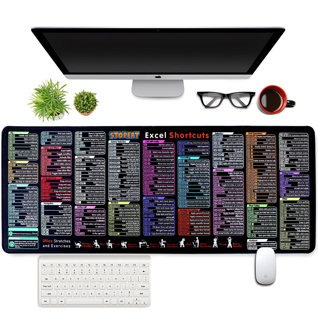 Office Excel Cheat Sheet Desk Pad Mat, XL Excel Shortcuts Mouse Pad Gaming, Large Mouse Pads for Desk, 31.5”X11.8” Desk Matt for Desktop, Waterproof anti Slip Computer Keyboard Pad with Shortcuts