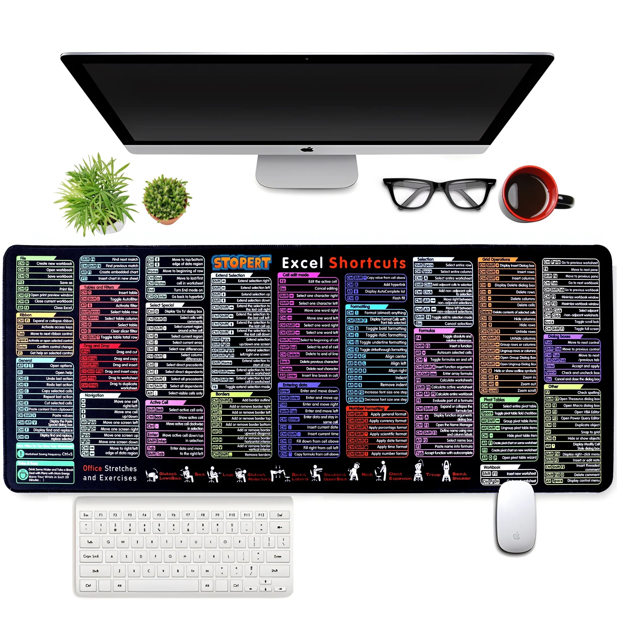 Office Excel Cheat Sheet Desk Pad Mat, XL Excel Shortcuts Mouse Pad Gaming, Large Mouse Pads for Desk, 31.5”X11.8” Desk Matt for Desktop, Waterproof anti Slip Computer Keyboard Pad with Shortcuts