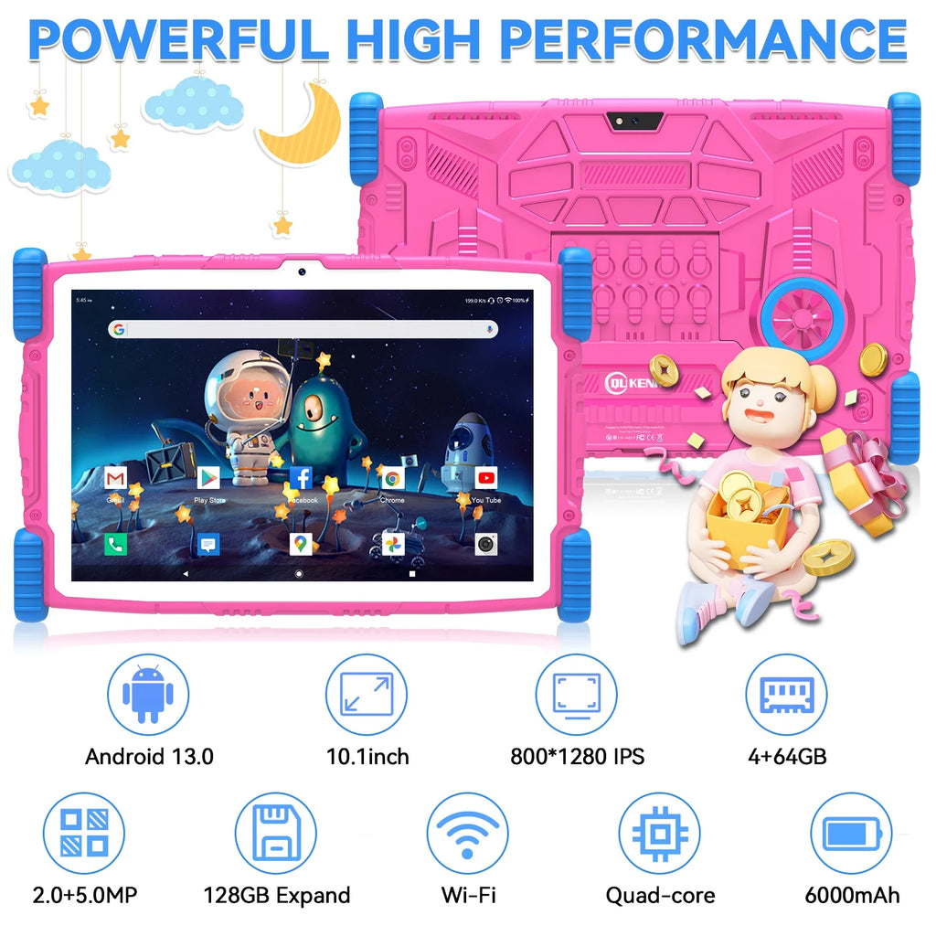 2025 Android 13 Tablet,10" Android Kids Tablet 4GB+64GB, Kid-Proof Case with Kickstand, Quad-Core 1.6