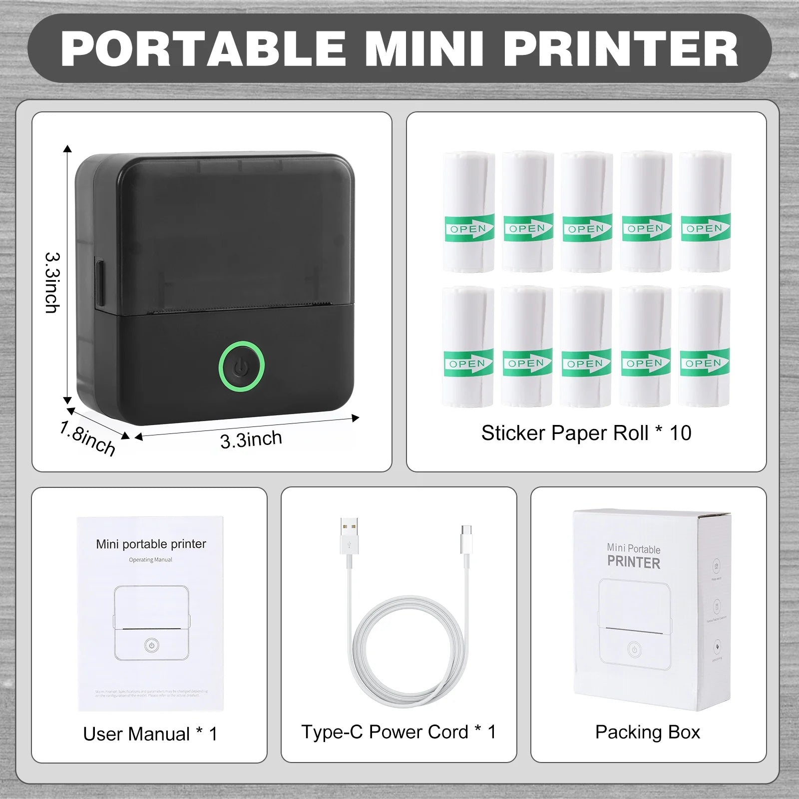 SLOK Mini Bluetooth Photo Printer with 10 Rolls Printing Paper，Black