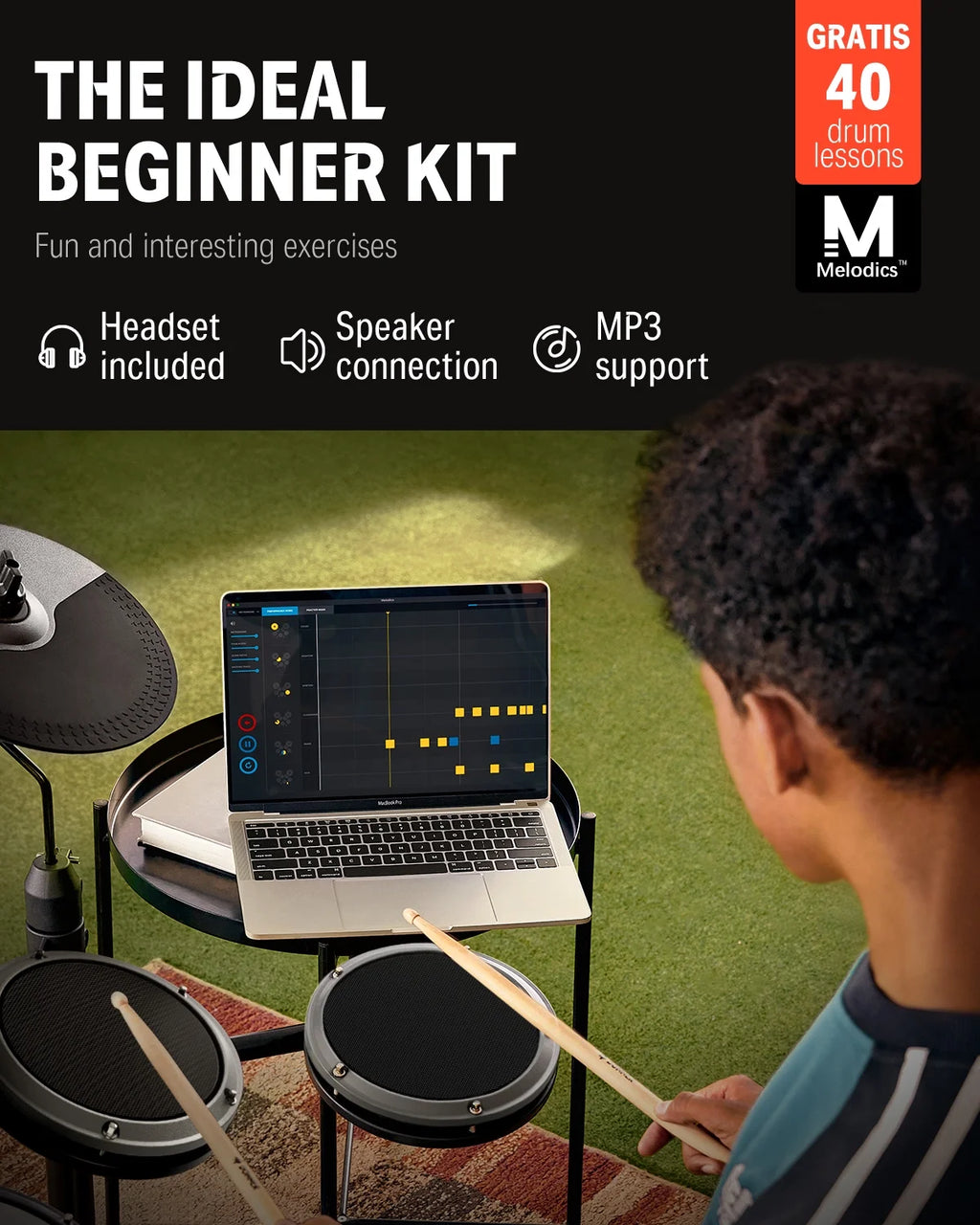 Electric Drum Set for Beginner with 180+ Sounds, Quiet Mesh Kid Child Students Electronic Drum Kit with Heavy Duty Pedals, On-Ear Headphones, DED-80 Gray