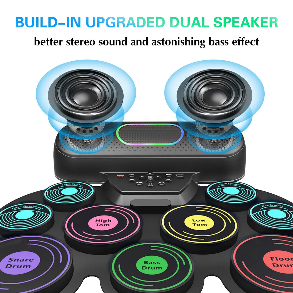 Upgrade 9 Pads Kids Adults Electronic Drum Sets Kit with Headphone Jack and Dual Bluetooth Speaker Wireless Connection for Christmas Birthday Gift