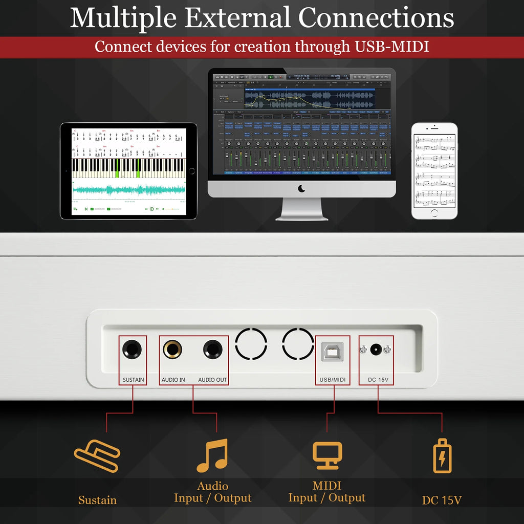 Sonart 88-Key Full Size Digital Piano Weighted Keyboard W/ Sustain Pedal White