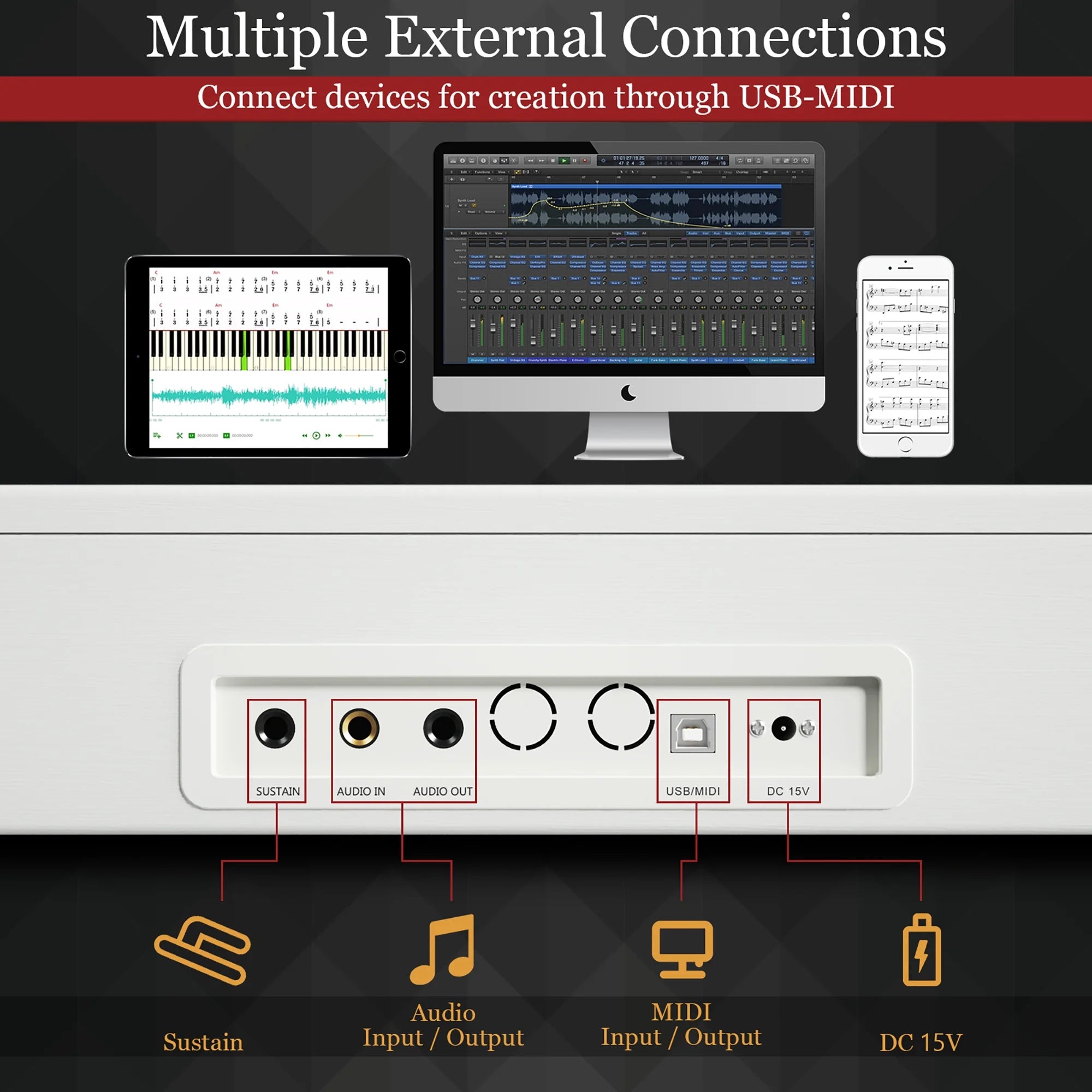 Sonart 88-Key Full Size Digital Piano Weighted Keyboard W/ Sustain Pedal White