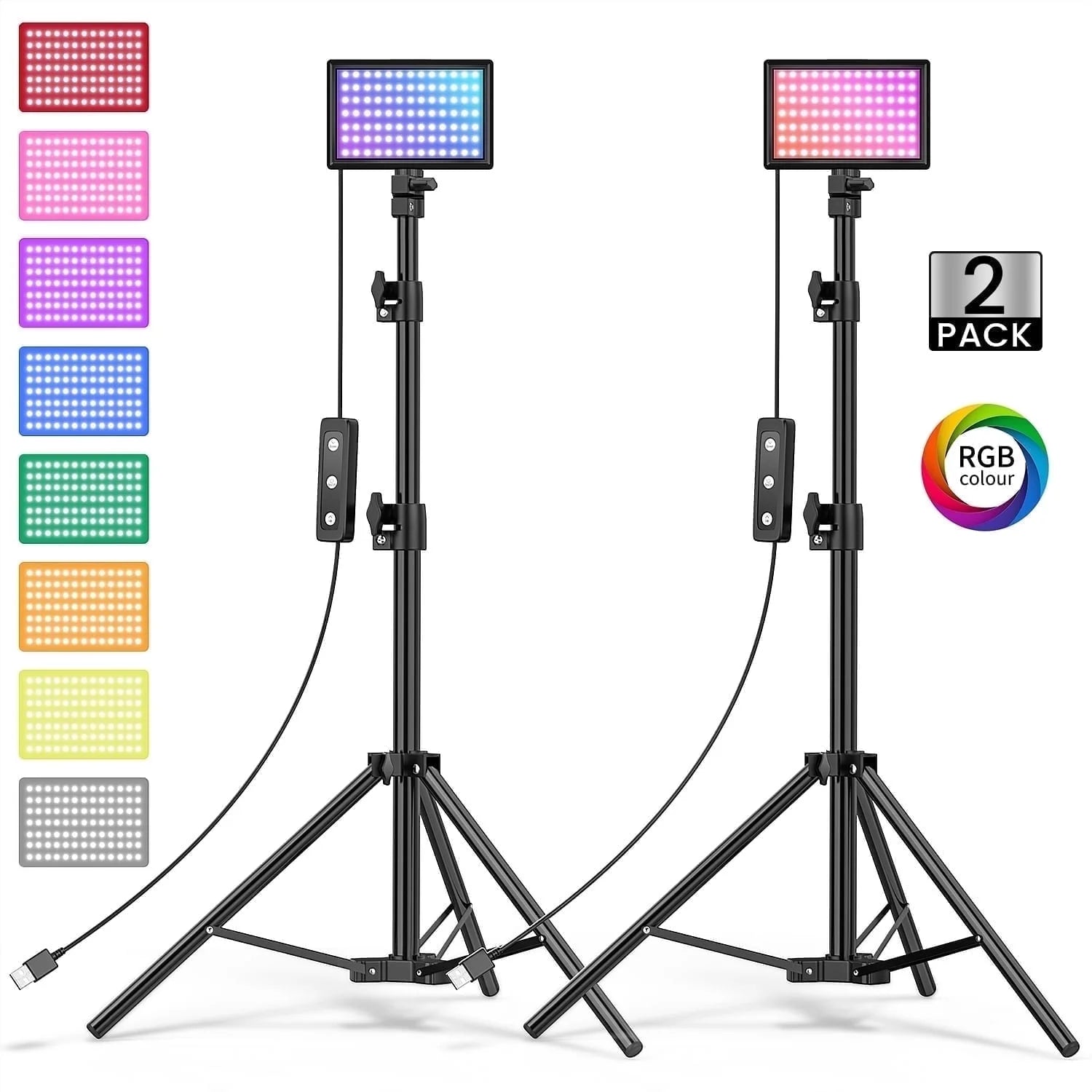 LED Photo Video Light Kit, 2Pcs Remote Control Dimmable USB LED Photography Light with Tripods, 10 Brightness Level and 9 Color Filters for Videography, Youtube, Tiktok