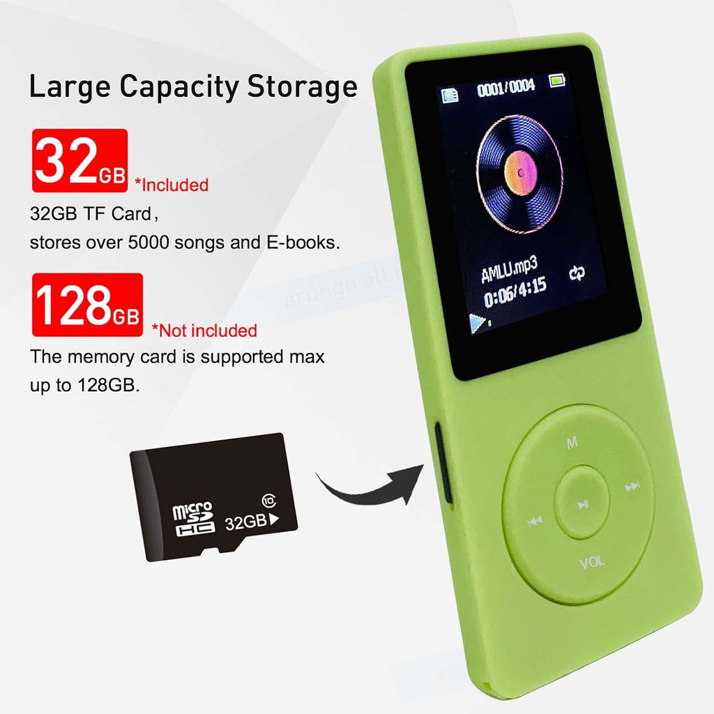 MP3 Player 32GB with Speaker Earphone Portable Mini Green Music Player Support Voice Recorder E-Book 1.8 Inch HD Screen Support up to 128GB