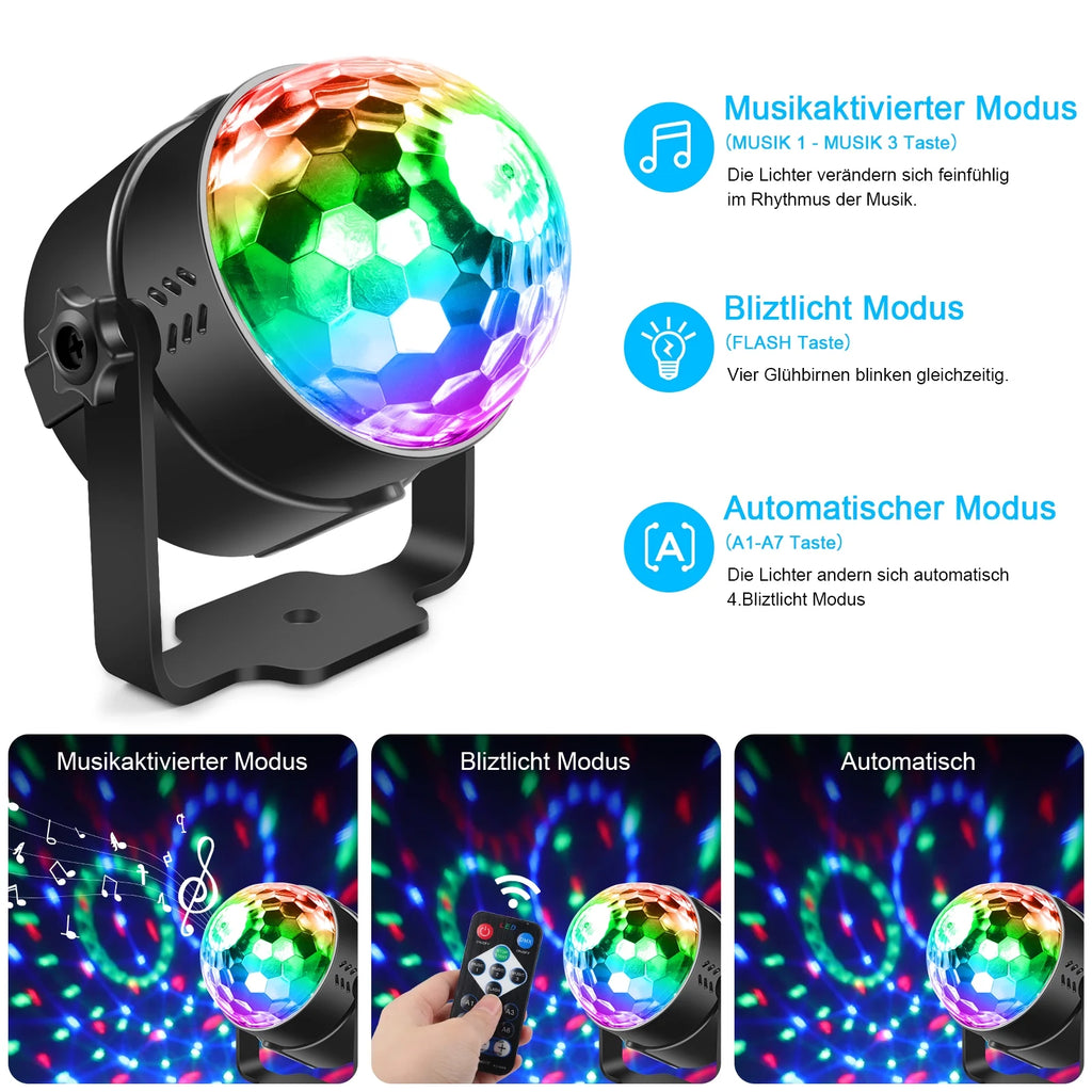 Sound Activated RGB Disco Ball Party Lights, 7 Modes Strobe DJ Stage Lamp with Remote Control